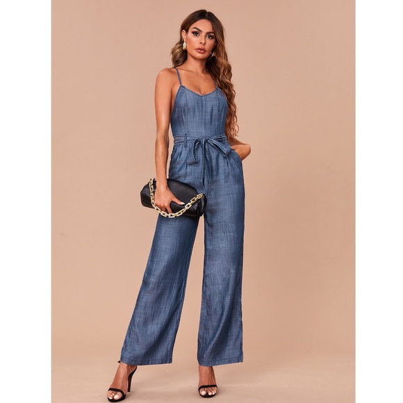 Rouge! Pants - Belted Cami Wide Leg Blue Jumpsuit